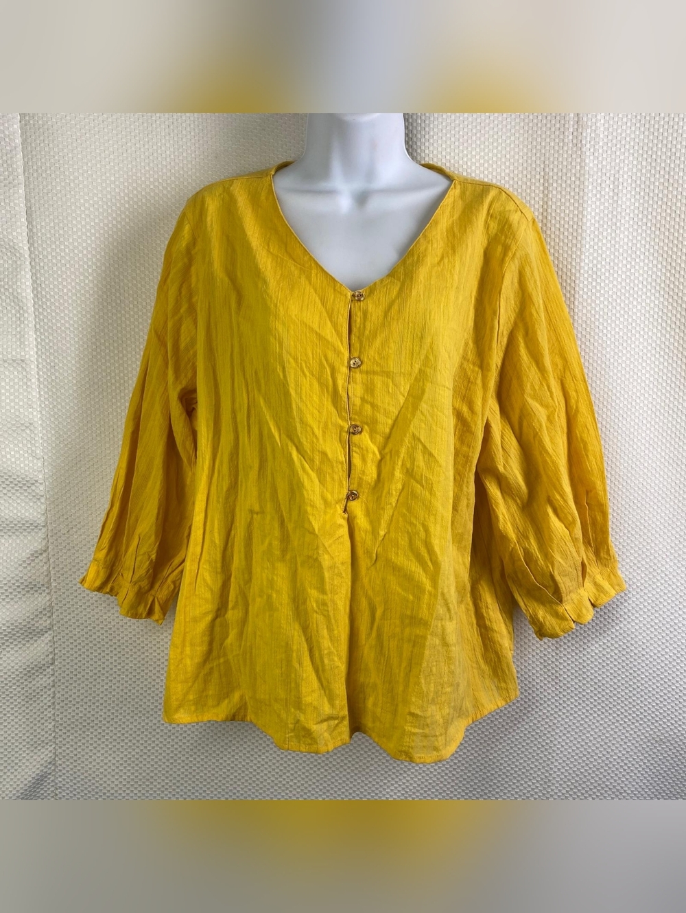 NY Collection Yellow Linen Blend 3/4 Sleeve Button Front Blouse Top Size S